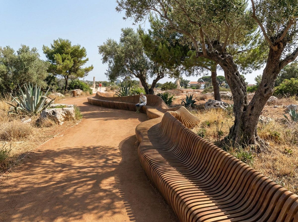 Bespoke curved timber seating winding along a stone path in the Sculpture Park — Ayia Napa Parks (Plate II)
