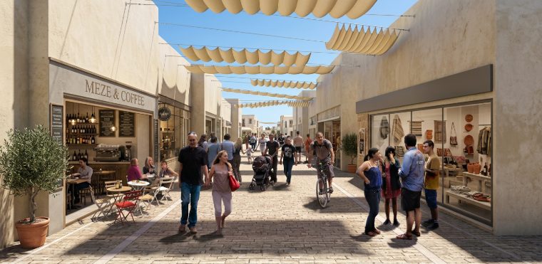 Shaded pedestrian core with sail canopies over the reclaimed civic street — Ayia Napa (Plate I)