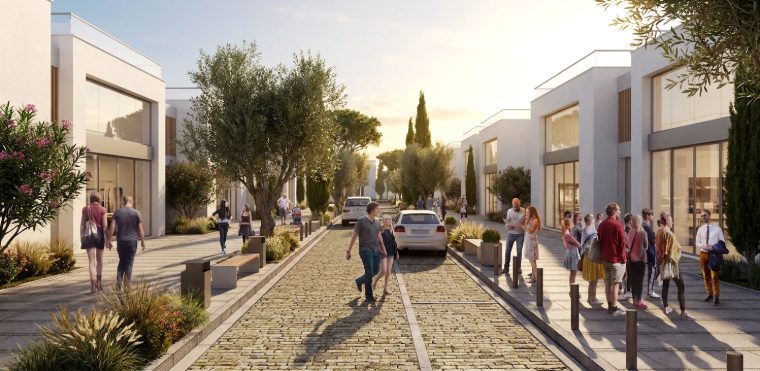 Traffic-calmed street with cobbled carriageway and retractable bollards — Ayia Napa (Plate II)