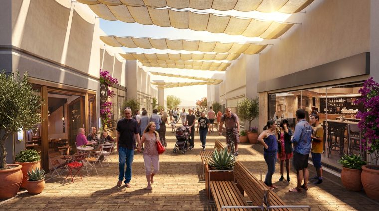 Shaded walkway with sail canopies at dusk, cafés and planting — Ayia Napa (Plate III)
