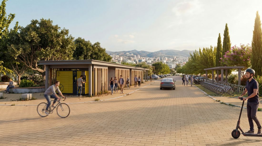 Central entrance with timber pavilions, shared bicycles and e-scooters &mdash; Limassol Mobility Hub (Plate I)