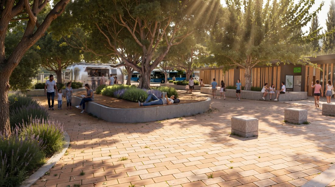 Shaded central square with planted seating islands and mobile caf&eacute; &mdash; Limassol Mobility Hub (Plate II)