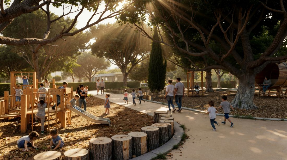 Timber playground set into the park &mdash; Limassol Mobility Hub (Plate IV)