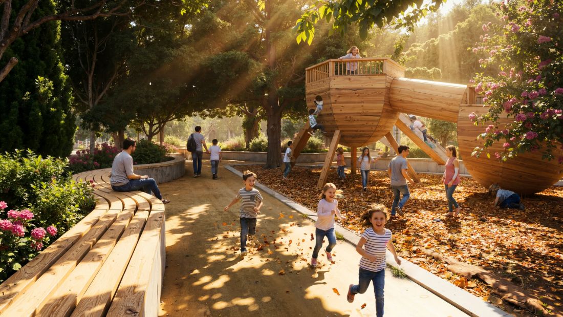 Playground activity zone with timber play structures &mdash; Limassol Mobility Hub (Plate V)