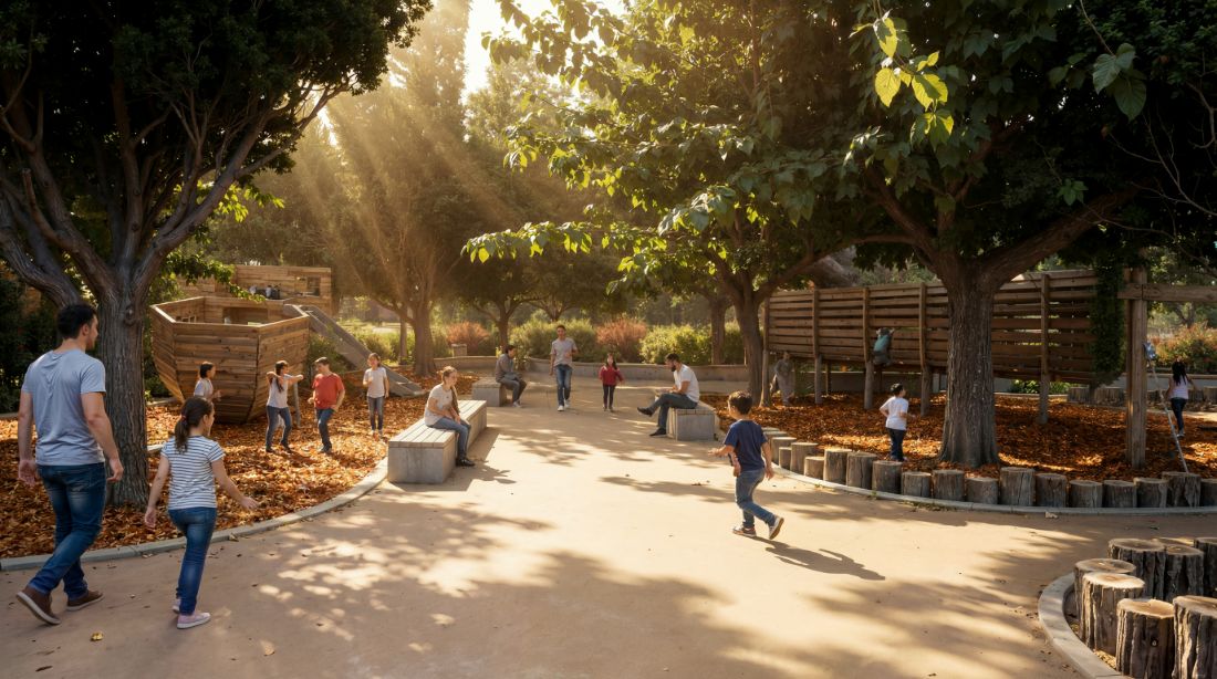 Playground and seating at the edge of the park &mdash; Limassol Mobility Hub (Plate VI)