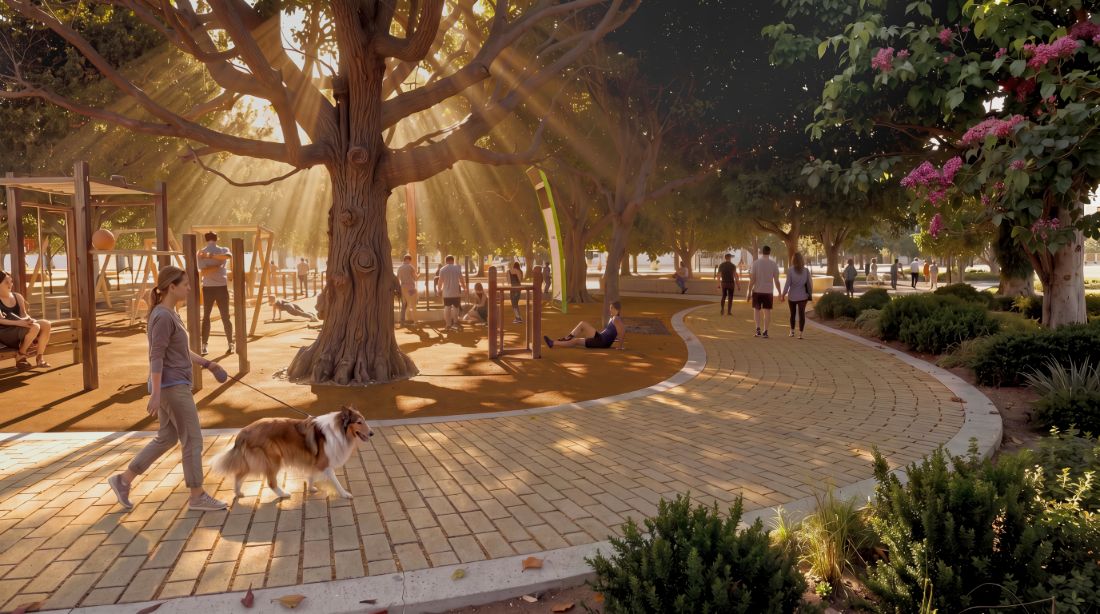 Outdoor gym beneath the trees in the new park &mdash; Limassol Mobility Hub (Plate VII)