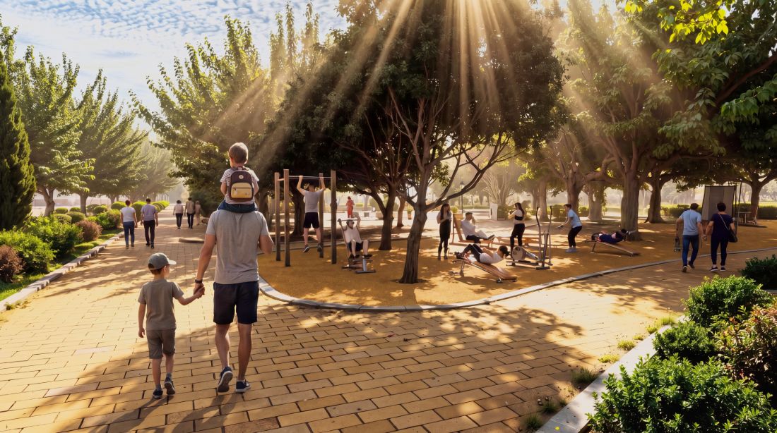 Shaded walking route through the park &mdash; Limassol Mobility Hub (Plate VIII)