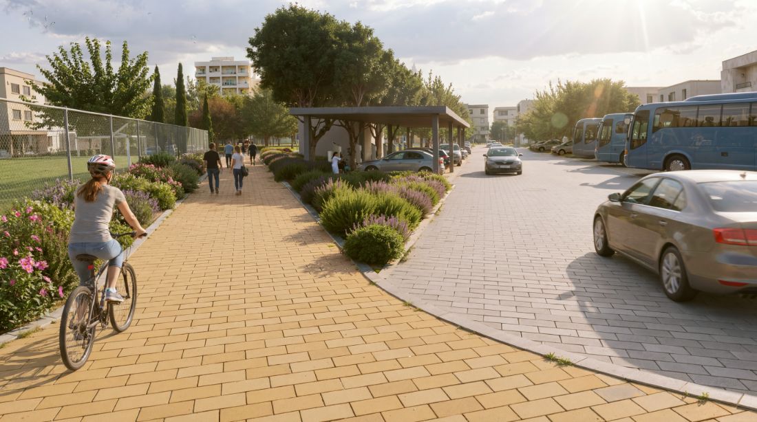 Electric-vehicle charging zone and shared street &mdash; Limassol Mobility Hub (Plate IX)