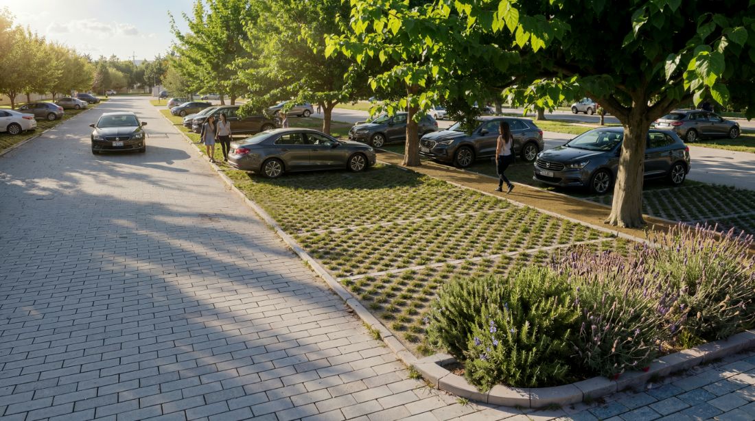 Tree-lined parking on permeable pavers &mdash; Limassol Mobility Hub (Plate X)